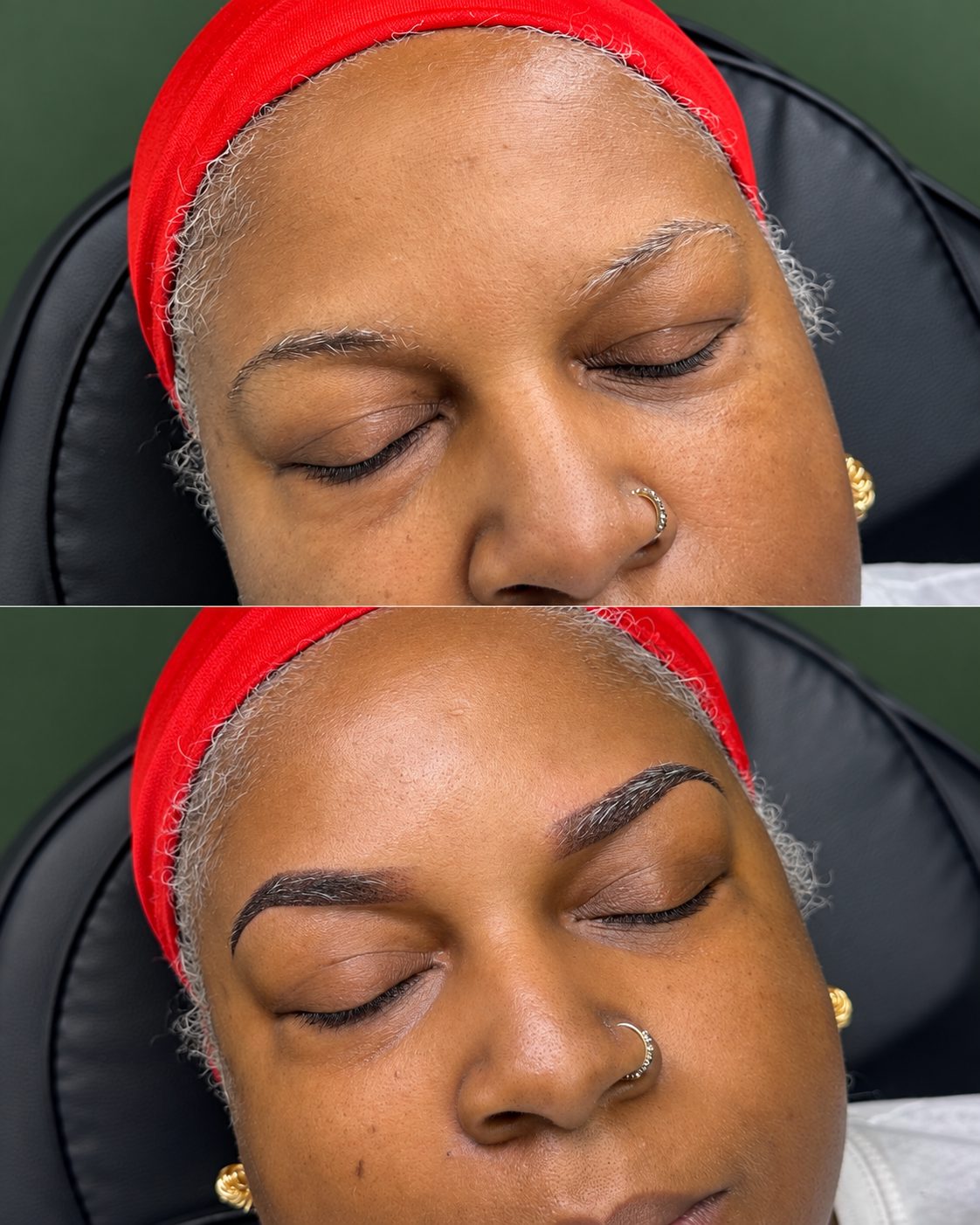 Before and after: light, thinning brows on a mature client, then soft, defined Ombré Powder Brows