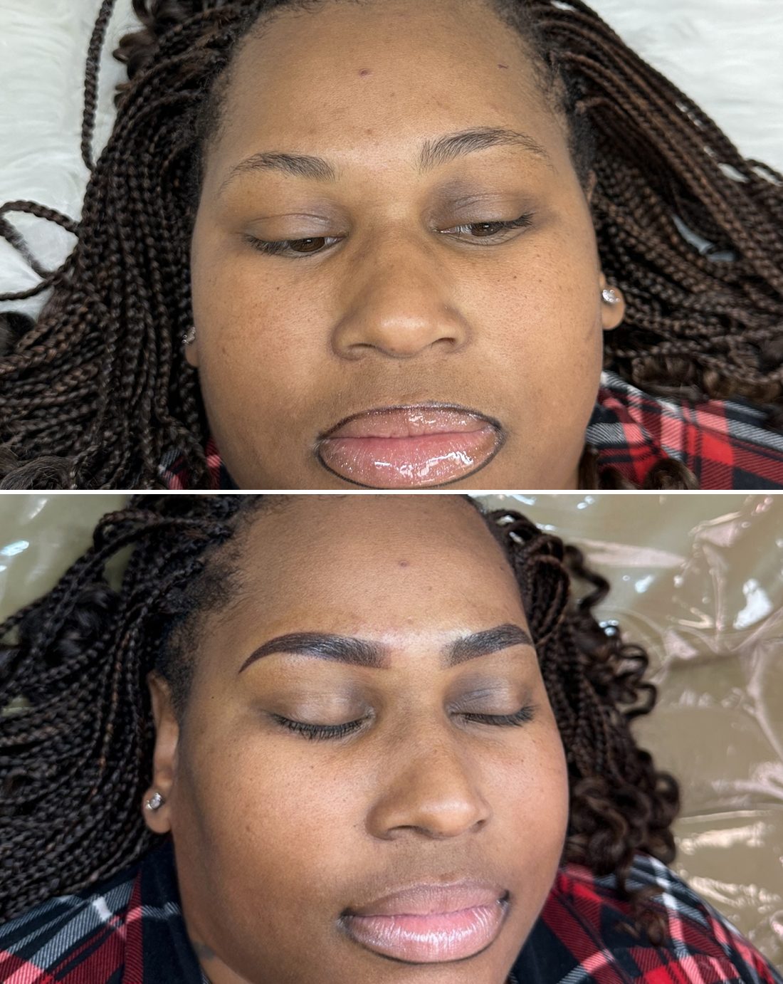 Before and after: thin brows with faint tails, then full, shaped Ombré Powder Brows
