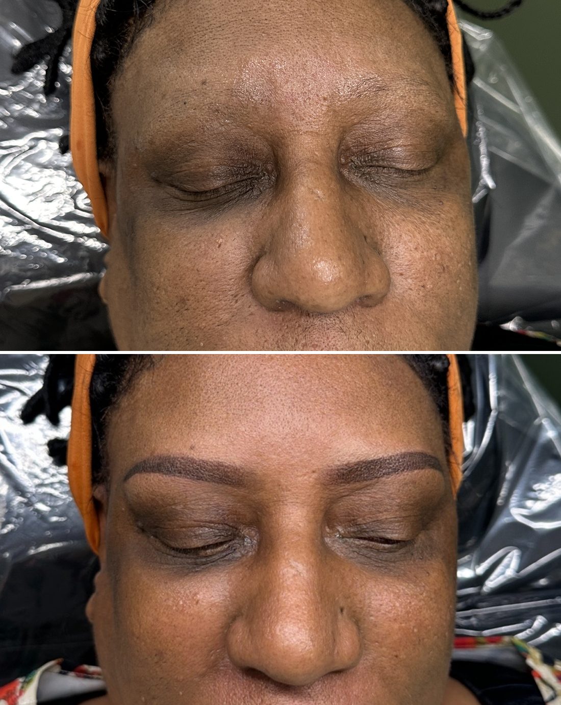 Before and after: very sparse brows on a mature client, then soft Ombré Powder Brows