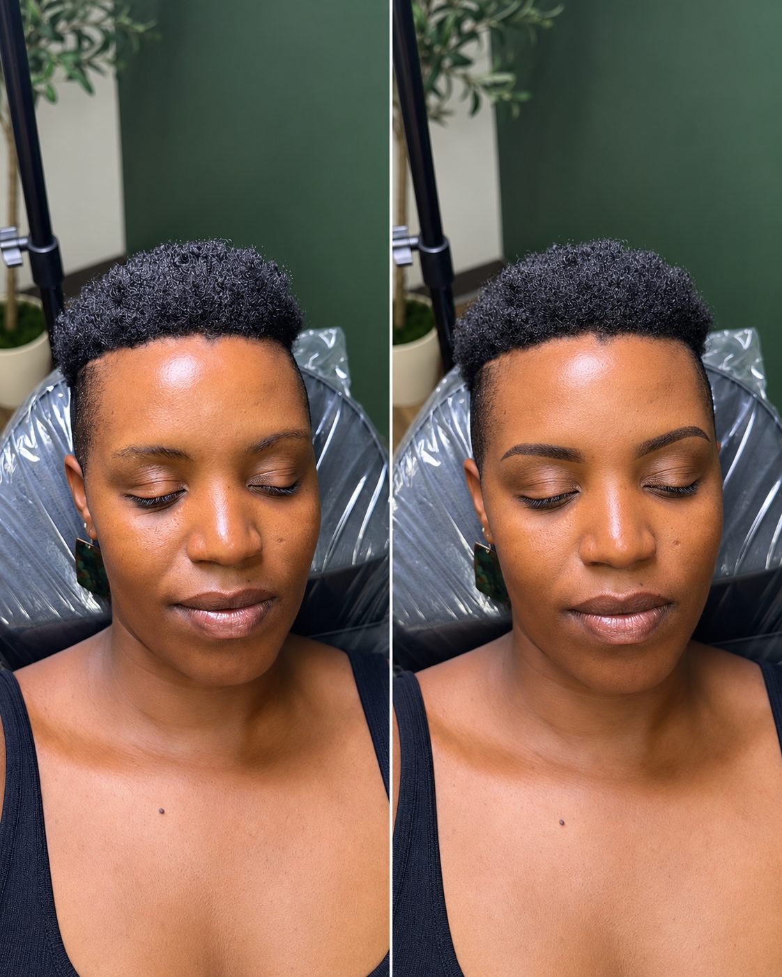 Before and after: thin, sparse brows, then soft, natural-looking Ombré Powder Brows